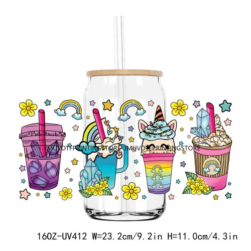 Rainbow Unicorn With Flowers 16OZ UV DTF Cup Wrap Transfers Stickers Custom Labels DIY Waterproof Logo For Libbey Glass Can