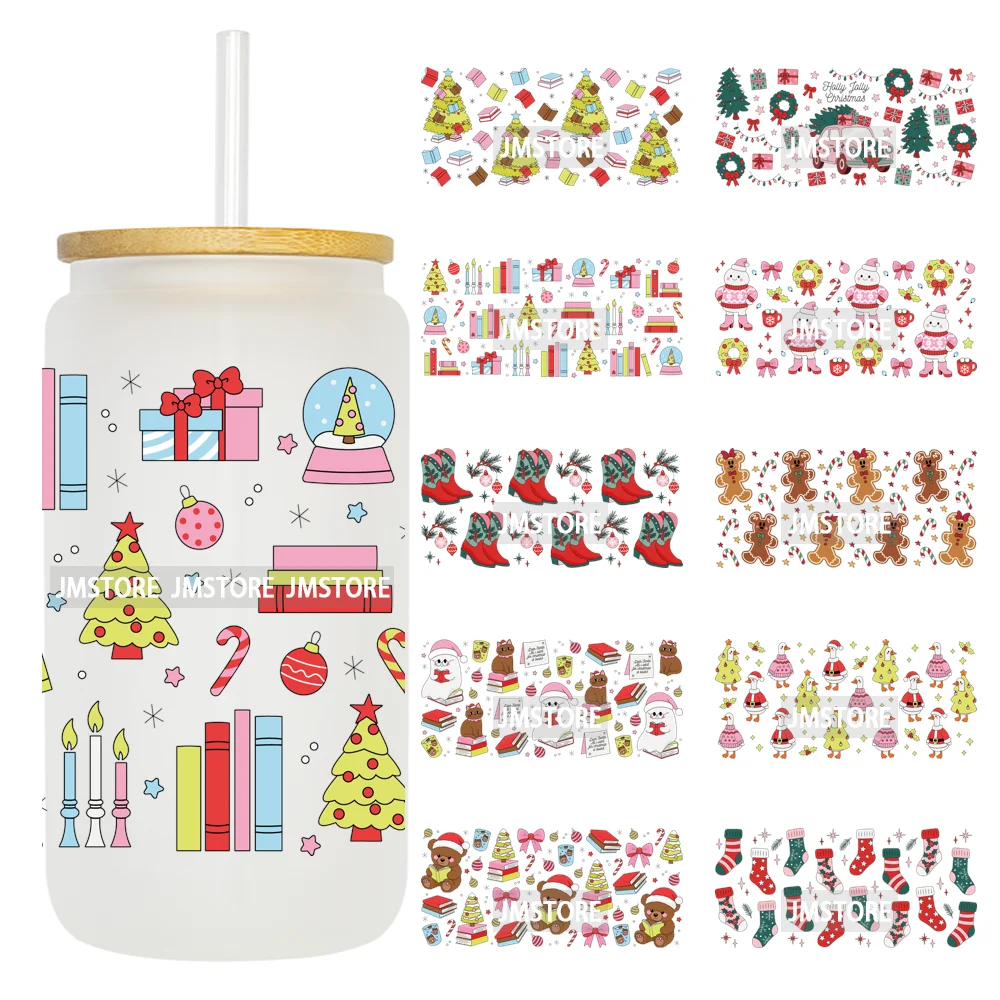 Christmas Bookish Santa Stocking Gifts UV DTF Cup Wrap Ready To Apply Transfer Stickers Waterproof For 16OZ Libbey Glass Can Mug