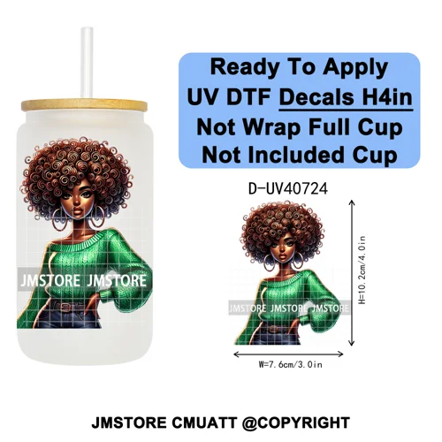 Big Hair Fashionable Black Girl UV DTF Decals Ready To Apply Waterproof Transfer Stickers DIY Crafts For 16OZ Libbey Glass Can