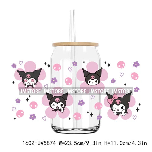 Flower Cartoon Cat With Pink Bow 16OZ UV DTF Cup Wrap Transfer Sticker Custom Label Durable Waterproof Logo For Libbey Glass Can