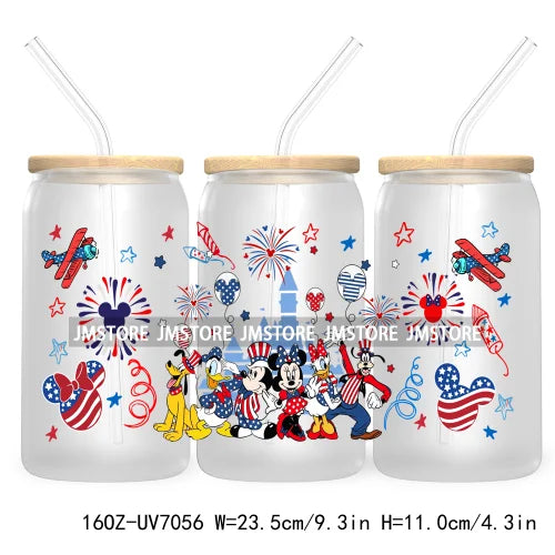 Happy 4TH Of July Cartoon Bear Friends 16OZ UV DTF Cup Wrap Transfer Stickers For Libbey Glass Can Cups Tumbler Waterproof Craft