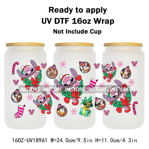 Festive Mouse Christmas Candy Cane 16OZ UV DTF Cup Wraps Ready To Apply Waterproof Transfer Stickers For Libbey Glass Can Bottle