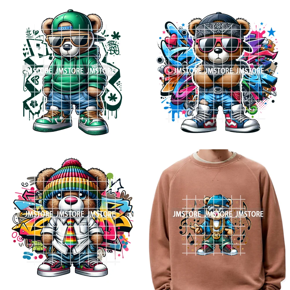 12in Colorful Graffiti Urban Stree Vibes Fearless Gangster Bear Washable Iron on DTF Transfer Sticker Ready to Press for Clothes