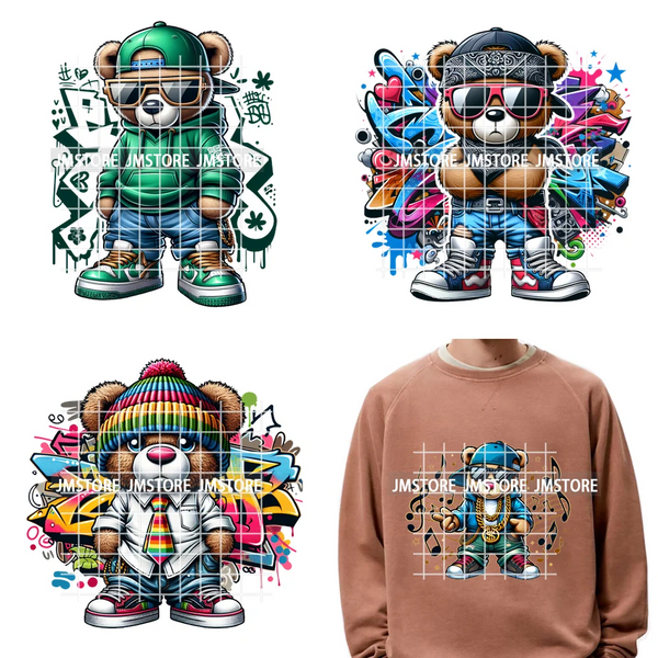 12in Colorful Graffiti Urban Stree Vibes Fearless Gangster Bear Washable Iron on DTF Transfer Sticker Ready to Press for Clothes