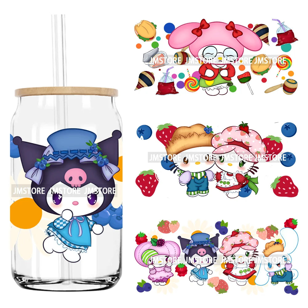 Cute Cartoon Cat Strawberry 16OZ UV DTF Cup Wrap Transfers Stickers Custom Labels Durable Waterproof Logo For Libbey Glass Can