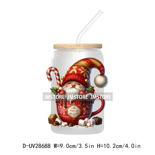 Festive Christmas Gnome Candy Cane UV DTF Transfer Stickers Decals For Libbey Cold Cups Mugs Tumbler Labels Cartoon Characters