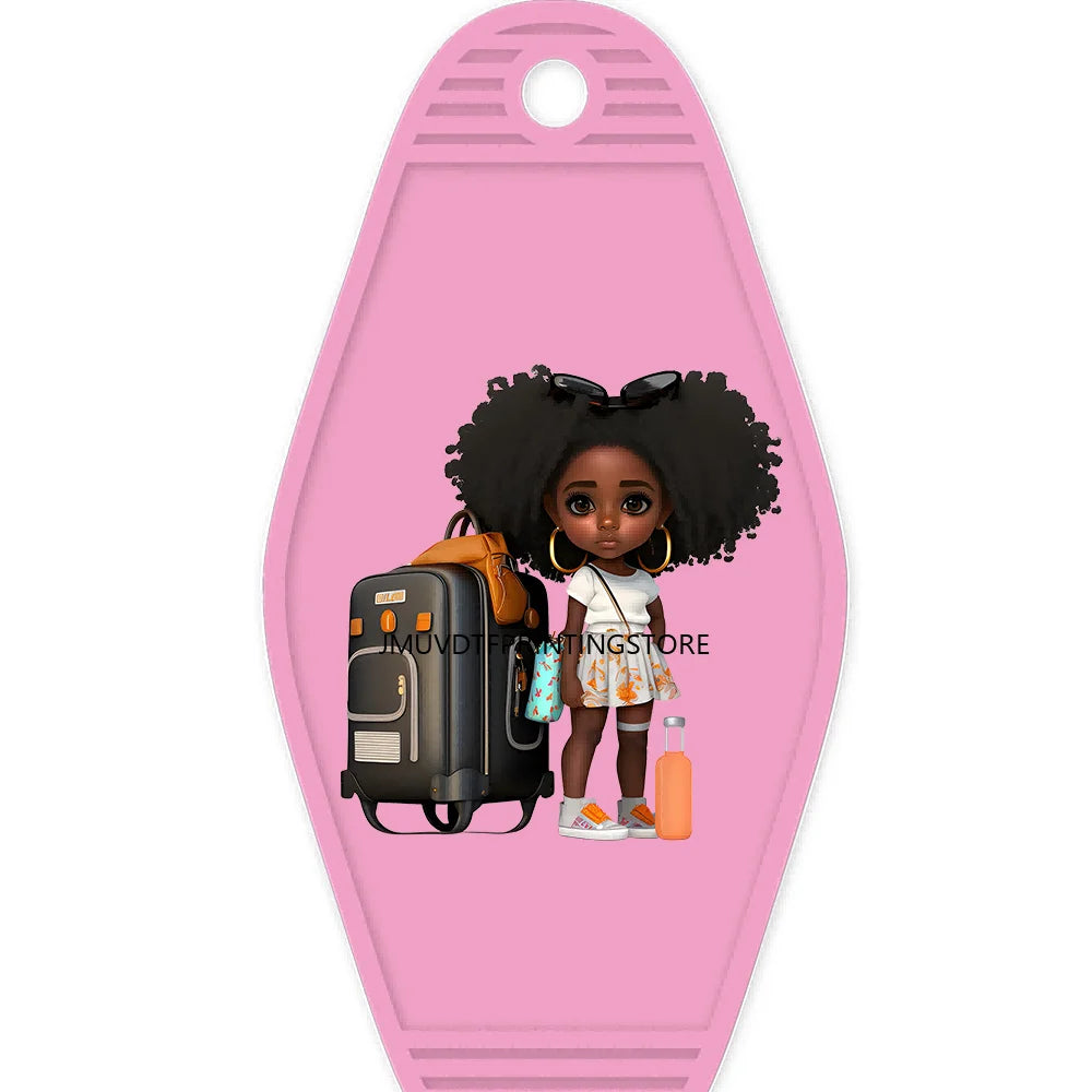 School Melanin Black Girls With Luggage High Quality WaterProof UV DTF Sticker For Motel Hotel Keychain Afro Children