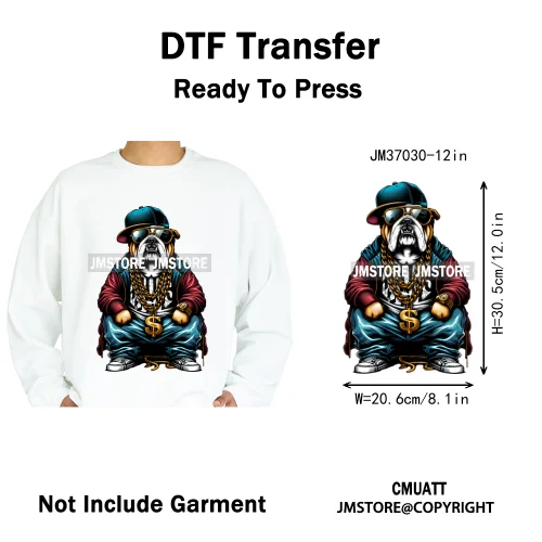 12in Streetwear Vibes Rich Cool Cartoon Bulldog King Designs Washable Iron on DTF Transfers Stickers Ready to Press for Clothes