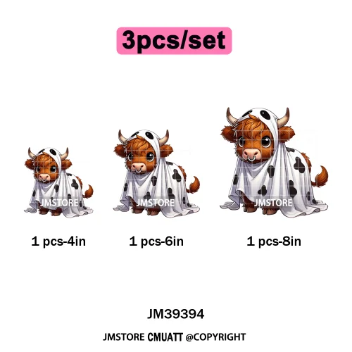Horror Spooky Cartoon Baby Highland Cow Halloween Vibes Animal Iron on DTF Washable Transfers Sticker Ready to Press for Hoodies