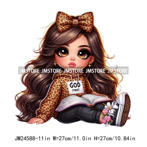 God First Chibi Cute Brown Hair Latina Dolls Baby Girls Coquette Bow Iron On DTF Transfer Stickers Ready To Press For Hoodies