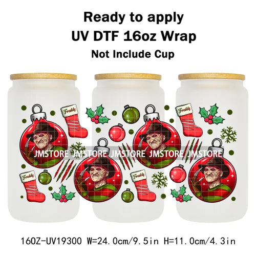 Horror Killers Christmas Ball Stocking Season UV DTF Wraps Transfer Stickers Ready To Apply Waterproof For 16OZ Libbey Glass Can