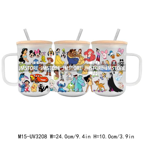 Cartoon Best Friends UV DTF Glass Can Wrap For 15OZ Mug Glass Cup Transfer Stickers DIY Custom Logo Labels Cute Cat Sunflowers