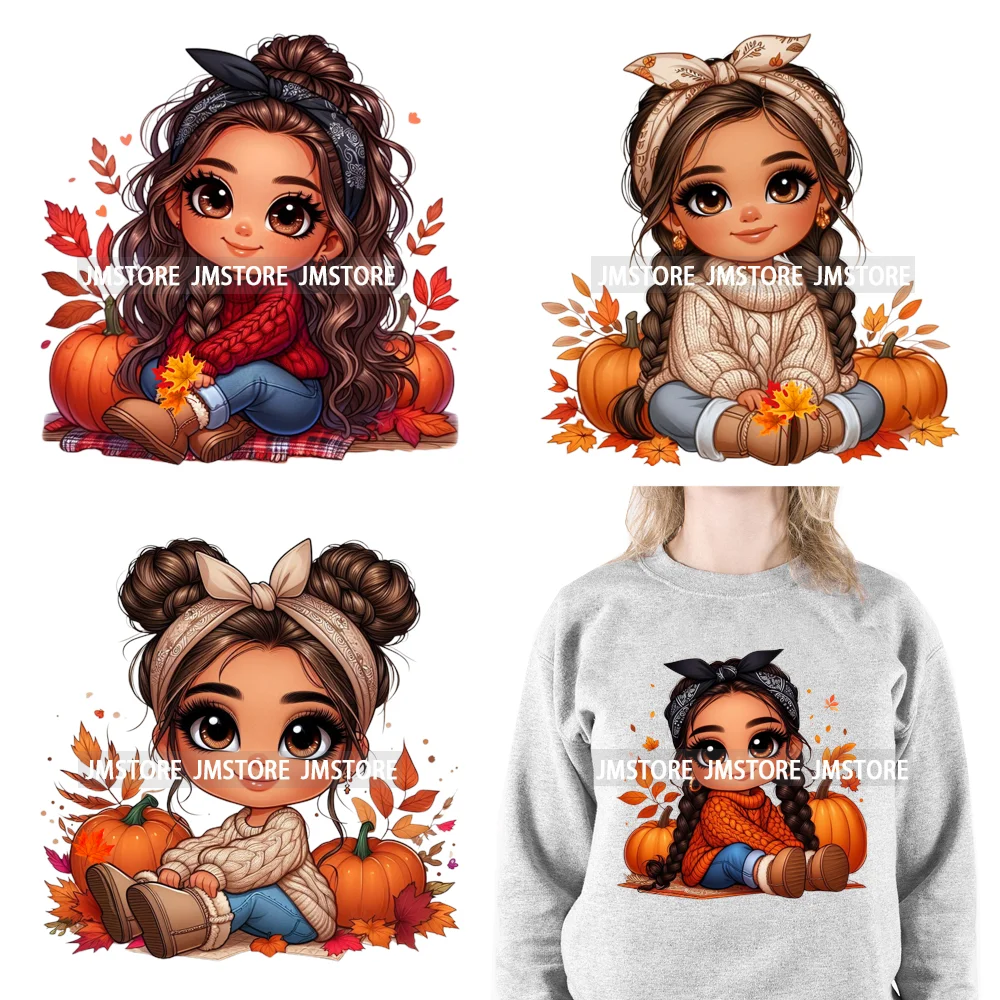 Cute Autumn Pumpkins Fall Vibes Laina Baby Hispanic Chibi Girls Logos DTF Iron On Transfer Stickers Ready To Press For T-shirts