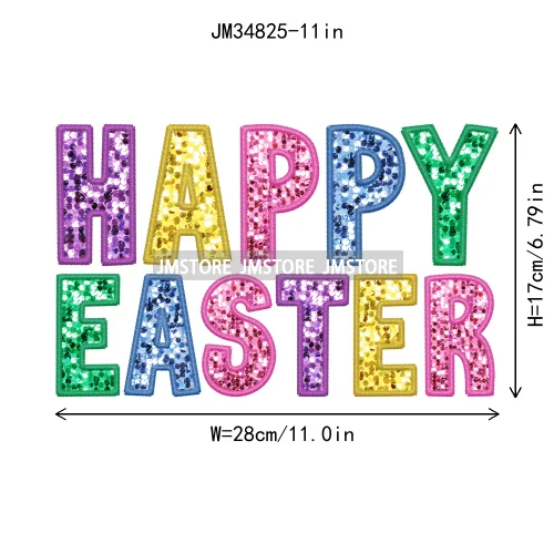 Colorful Faux Sequin Glitter Happy Easter Bunny University Letters Iron On DTF Transfers Stickers Ready To Press For Hoodies