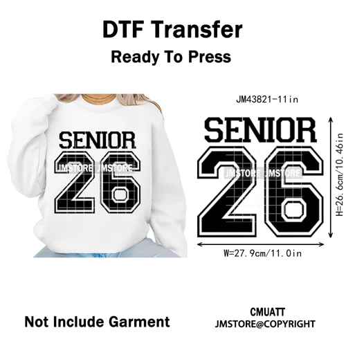 2026 Varsity Graduate Season College Senior Year Bow Iron on Washable DTF Heat Transfers Stickers Ready to Press for Sweatshirts