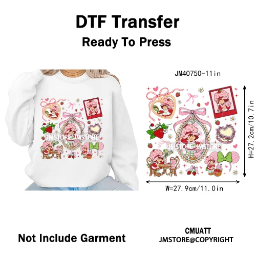 Sweet Strawberry Friends 80s Girl Cartoon Pink Coquette Bows Iron on DTF Washable Transfers Stickers Ready to Press for Clothing
