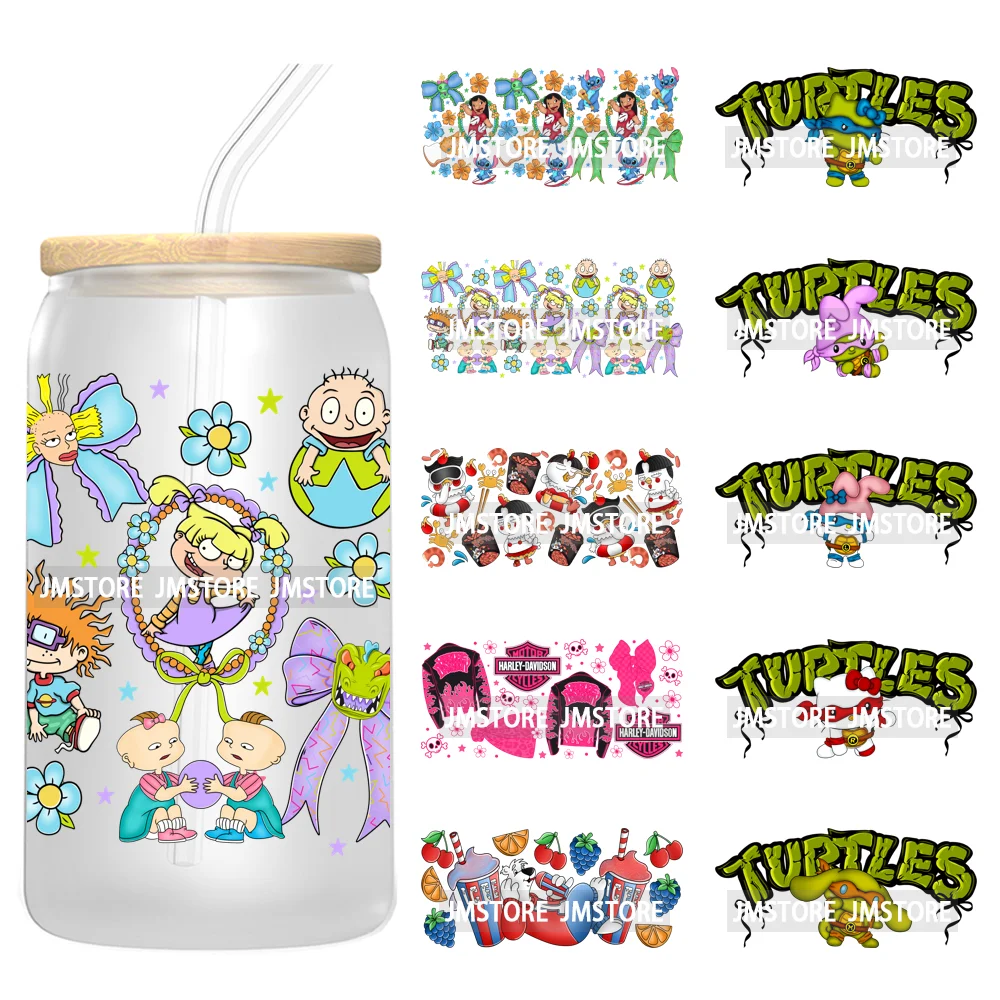 Coquette Bow Cartoon Turtles Characters 16OZ UV DTF Cup Wraps Ready To Apply Waterproof Transfer Stickers For Libbey Glass Can