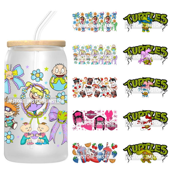 Coquette Bow Cartoon Turtles Characters 16OZ UV DTF Cup Wraps Ready To Apply Waterproof Transfer Stickers For Libbey Glass Can