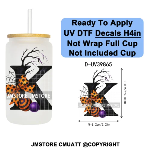 Polka Dot Pumpkin Halloween Letter Coquette UV DTF Decals Ready To Apply Waterproof Transfer Stickers For 16OZ Libbey Glass Can