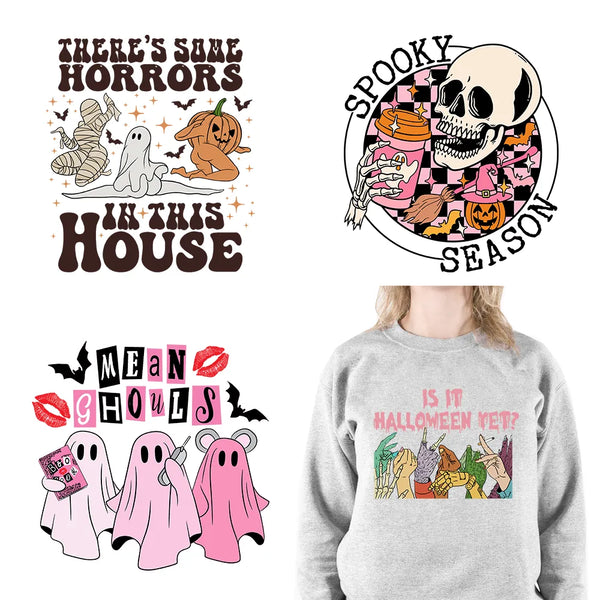 Hot Sale Halloween Spooky Season Printing Spooky Mama Cute Ghouls Iron On DTF Plastisol Transfer Stickers For Clothes Bags