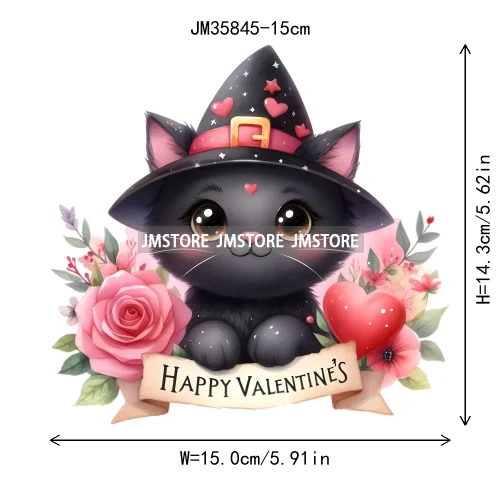 15cm 5.9in Kids Cute Flower Heart Love Valentine Black Cat Iron On Heat Transfer Sticker For Clothes Print Vinyl Washable Decal