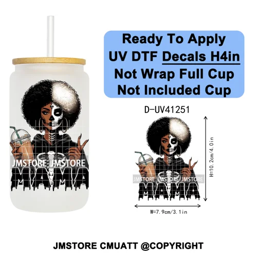 Black Girl Horror Characters Halloween Coffee UV DTF Transfer Sticker Decals Ready To Apply Waterproof For 16OZ Libbey Glass Can