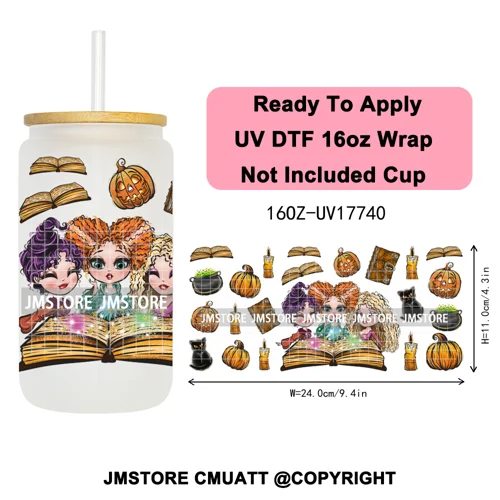 Horro Killer Witch Halloween UV DTF Cup Wrap Ready To Apply Transfer Stickers Waterproof 16OZ Tumbler Wraps For Libbey Glass Can