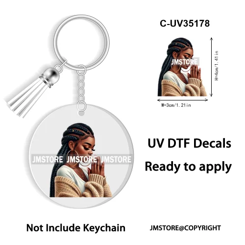 Christian Jesus God Pray Afro Girl UV DTF Decal Round Keychain Ready To Apply WaterProof Transfer Stickers For Circle Keychain