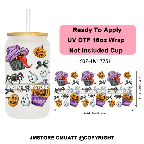 Halloween Cupcake Cartoon Character Ghost 16OZ UV DTF Cup Wraps Ready To Apply Waterproof Transfer Stickers For Libbey Glass Can
