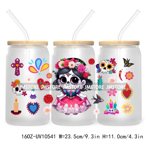 Dia De Los Muertos Mexican UV DTF Sticker For 16OZ Libbey Glass Cup Can Wrap Transfer Stickers Hispanic Halloween Sugar Skulls