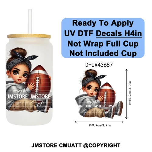 Cute Latina Baby Girl American Football UV DTF Cup Decals Ready To Apply Transfer Stickers Durable For Libbey Glass Can Tumbler