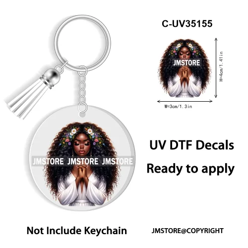 Christian Jesus God Pray Afro Girl UV DTF Decal Round Keychain Ready To Apply WaterProof Transfer Stickers For Circle Keychain