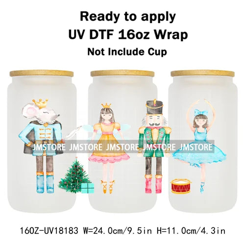 Faux Glitter Preppy Nutcracker Christmas UV DTF Cup Wrap Ready To Apply Transfer Sticker 16OZ Tumbler Wraps For Libbey Glass Can