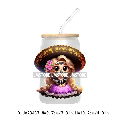 Cute Latina Cartoon Princess Baby Girl UV DTF Transfer Stickers Decals For Libbey Cold Cups Mug Tumbler Labels Sugar Skull Woman