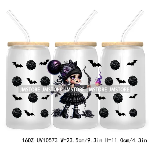 Gothic Girl Gnomes Halloween 16OZ UV Cup Wrap DTF Transfer Stickers For Libbey Glass Can Cups Tumbler Labels Spooky Bats Witch