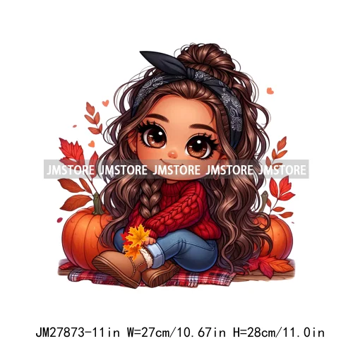 Cute Autumn Pumpkins Fall Vibes Laina Baby Hispanic Chibi Girls Logos DTF Iron On Transfer Stickers Ready To Press For T-shirts