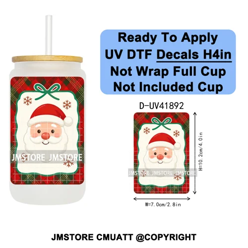 Preppy Christmas Stamps Xmas Card UV DTF Transfer Stickers Decals Ready To Apply Waterproof For 16OZ Libbey Glass Can Tumbler