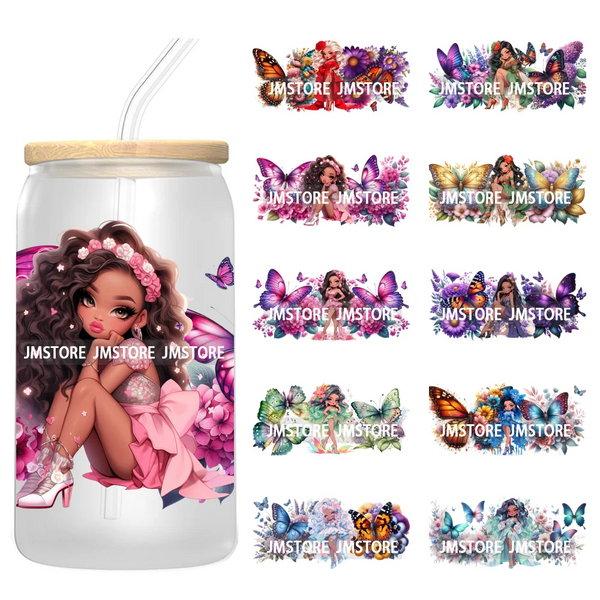 Floral Butterfly Girl Woman UV DTF Stickers Ready to Transfer Cup Wrap Custom Labels DIY Craft For Libbey Can Glass Tumblers Mug