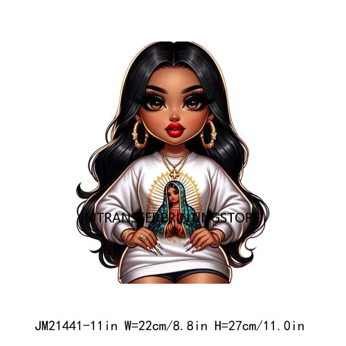 Chibi Cute Chicana Doll Guadalupe Lady Skull Latina Woman Cold Peel Decals Iron On DTF Transfers Stickers For Shirts Bags Pillow