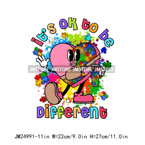 Colorful Autism Awareness Printing It's Okay To Be Different Iron On Heat Press DTF Transfer Stickers Ready To Press For Clothes