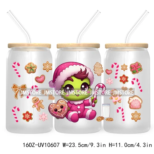 Cute Baby Green Character Christmas Season 16OZ UV Cup Wrap DTF Transfer Stickers For Libbey Glass Can Cups Tumbler Coquette Bow