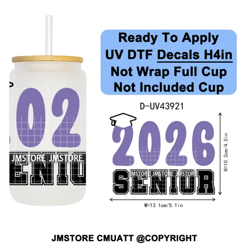 Girly University Graduation 2026 UV DTF Decals Ready To Apply Waterproof Transfer Stickers DIY Crafts For 16OZ Libbey Glass Can