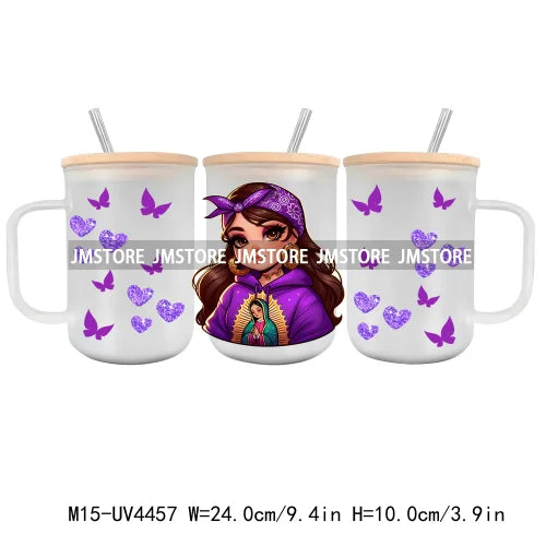 Mexican Woman Wraps UV DTF Sticker For 15OZ Mugs Libbey Glass Cup Can Transfer Stickers Custom DIY Logo Chicana Girl Betterfly