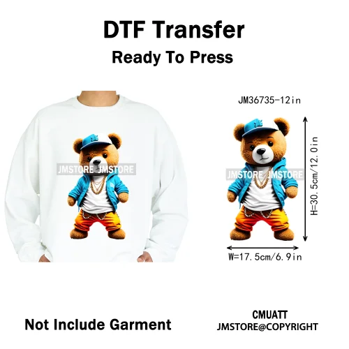 12in Cool Retro Urban Streetwear Graffiti Hip Hop Teddy Bear Iron On DTF Washable Transfers Stickers Ready to Press For Clothing