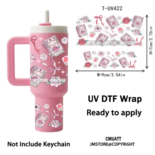 Coquette Bow Floral Seamless Book Lover Ribbon UV DTF Wraps Ready To Use Transfer Stickers Waterproof For Mini Tumbler Keychain