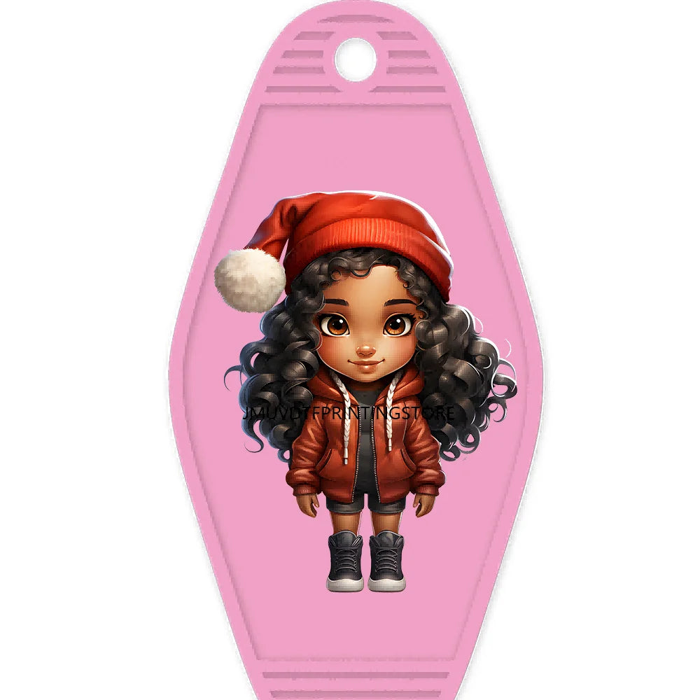 Merry Christmas Little Girls With Santa Hat High Quality WaterProof UV DTF Sticker For Motel Hotel Keychain