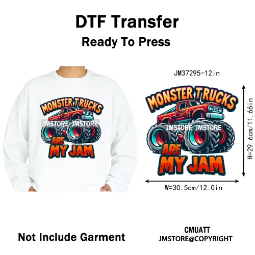12in Monster Trucks Are My Jam Urban Graffiti Racing Rules Iron on Washable DTF Transfers Stickers Ready to Press for Clothing
