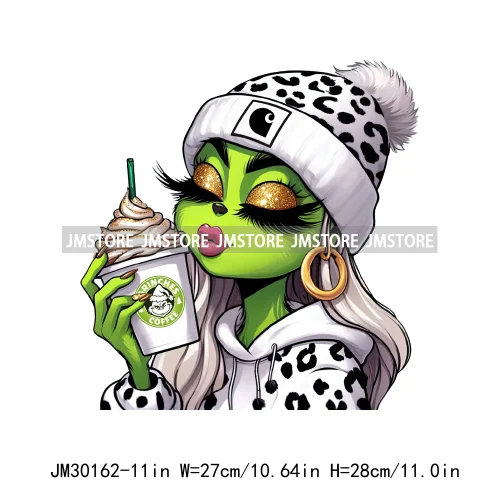 Green Bougie Lady Coffee Leopard Christmas Holiday Season Iron On DTF Transfers Stickers Ready To Press For T-shirts Bags