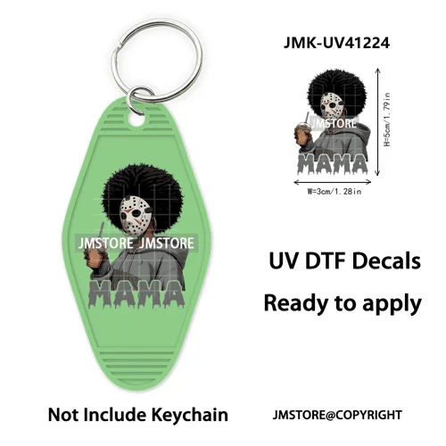 Horror Character Mama Coffee Lover UV DTF Motel Keychain Decal Ready To Ship Durable Transfer Stickers Prints For Hotel Keychain