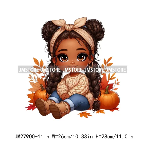 New Autumn Chibi Black Baby Girls Cartoon Afro Princess Pumpkin Fall Season DTF Iron On Heat Press Transfer Stickers For Hoodies